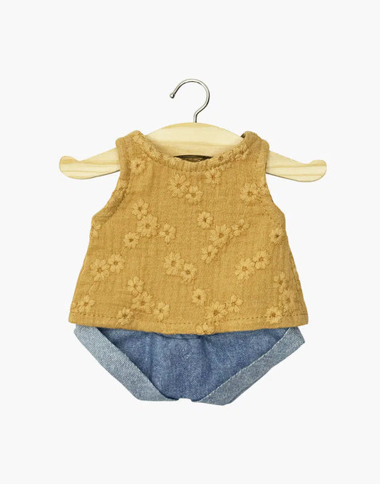 Andrée-Top-Set aus kamelfarbener Baumwollgaze mit Blumenstickerei und Mini-Jeansshorts