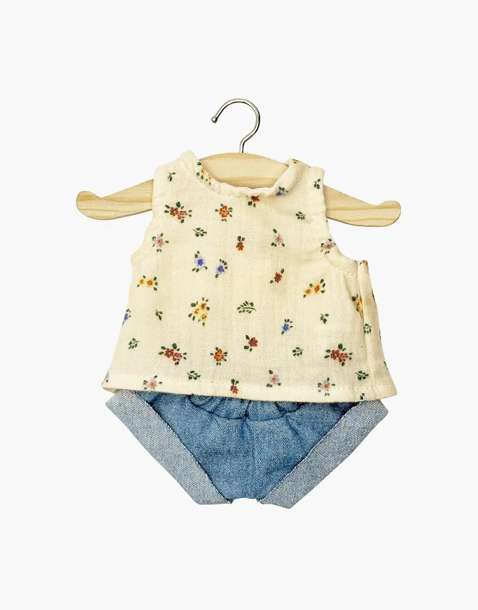 Andrée-Top-Set aus Élise-Baumwollgaze und Jeans-Minishorts