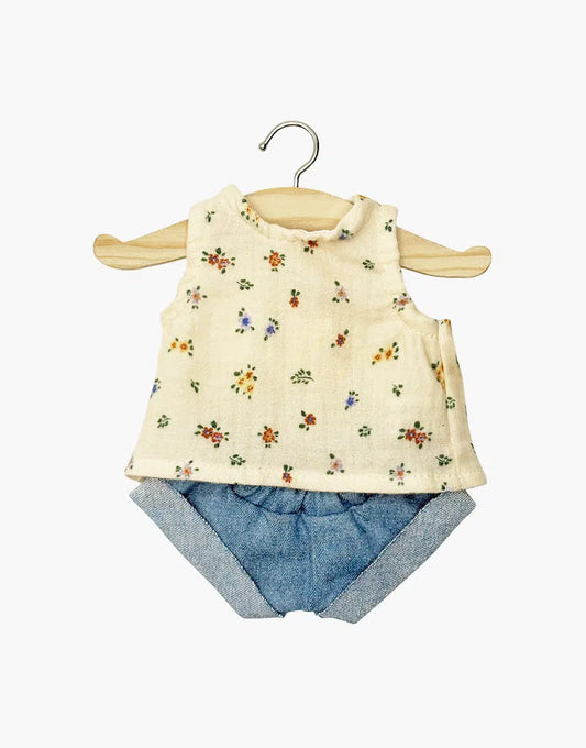 Andrée-Top-Set aus Élise-Baumwollgaze und Jeans-Minishorts